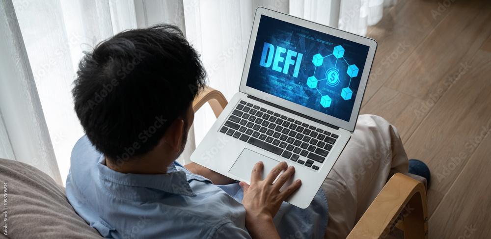 Poster decentralized finance or defi concept on modish computer screen . the defi system give new choice of