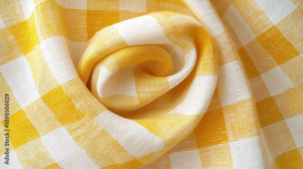 Poster a close-up of a yellow and white checkered fabric, showcasing its soft texture and patterned design,