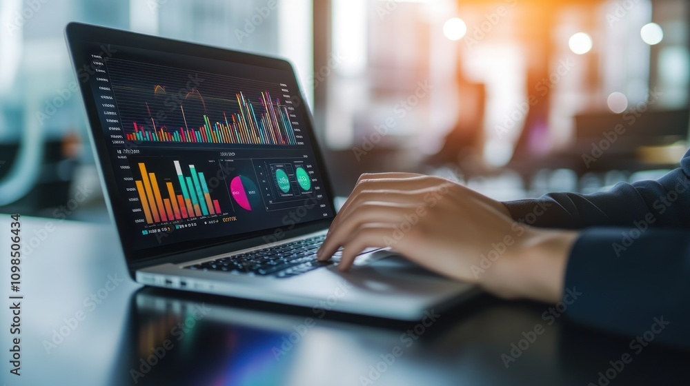 Poster person analyzing data on a laptop with graphs displayed.