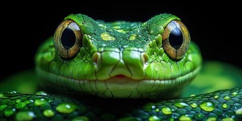 Fototapeta premium Close-up of a snake on a vibrant green background. Elegant and mysterious reptile profile. Ideal for wildlife and nature-themed visuals.