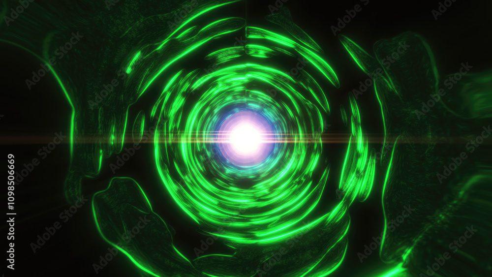 Poster a tunnel with intense green light and a bright center, creating a sci-fi vibe with abstract energy a