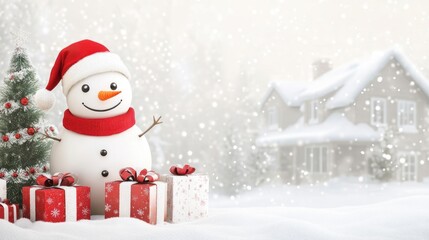 Fototapeta premium Cheerful snowman with gifts and Christmas tree in snowy winter scene.