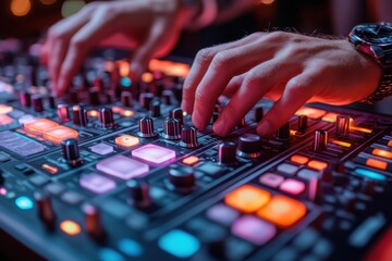 Sound engineer working with audio equipment. Professional setup for a concert or event. Vibrant and technical visual for music themes.