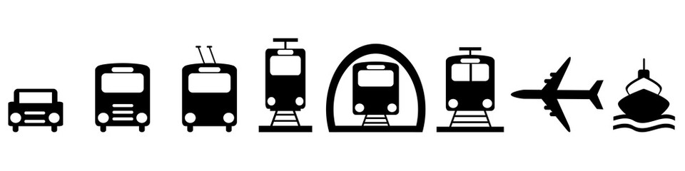 Collection of city transportation icons car, bus, tram, train, metro, airplane, ship .eps