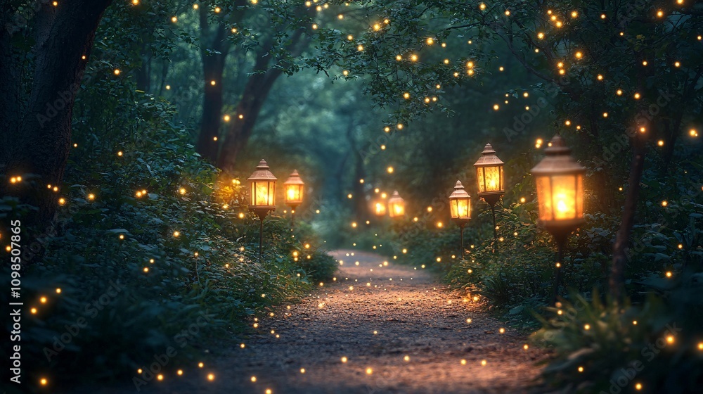 Poster a serene, enchanting path illuminated by glowing lanterns and surrounded by a magical atmosphere of 