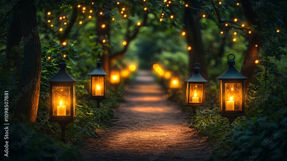 Poster a serene, illuminated pathway lined with glowing lanterns and fairy lights, surrounded by lush green