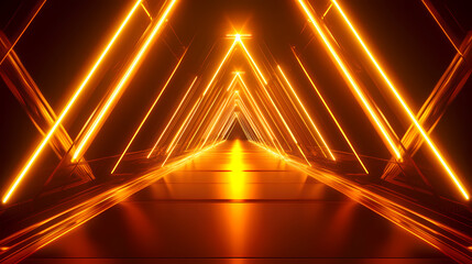 Empty dark triangle tunnel illuminated by vibrant orange neon lights. modern and futuristic sci-fi background. Futurism. Illustration