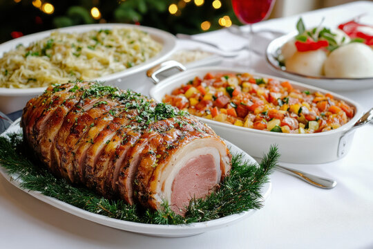 A Rich And Fragrant Norwegian Ribbe (Roast Pork Belly) Displayed On A Holiday Table, Accompanied By Sauerkraut And Boiled Potatoes