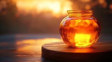 A glowing jar of honey rests on a wooden surface, illuminated by warm sunset light, creating a serene and inviting atmosphere.