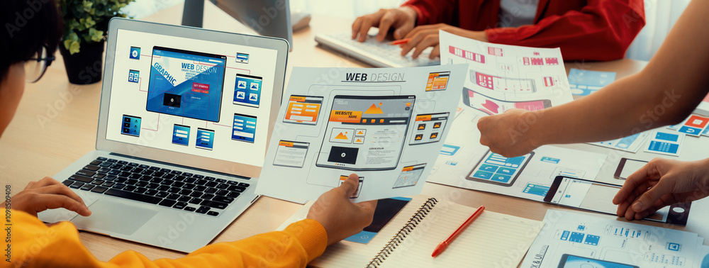 Aufkleber panorama banner of startup ux developer or company employee design user interface or ui prototype fo