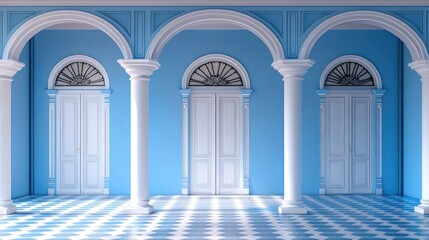 Fototapeta premium Elegant blue colonnade with three white doors and checkered floor.