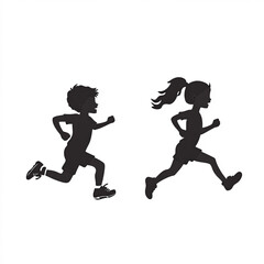 Obraz premium Girl And Boy Running Silhouette, Illustration Isolated On White Background