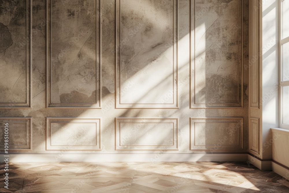 Poster sunlight casts dramatic shadows in an elegant empty room with textured walls and parquet flooring, c