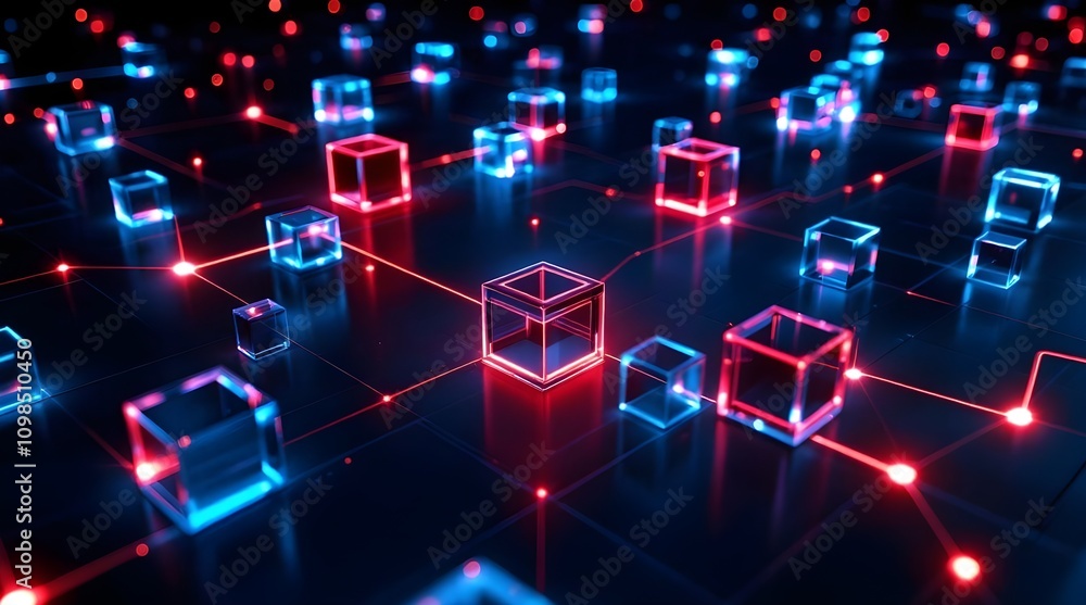 Poster futuristic blockchain network with glowing cubes