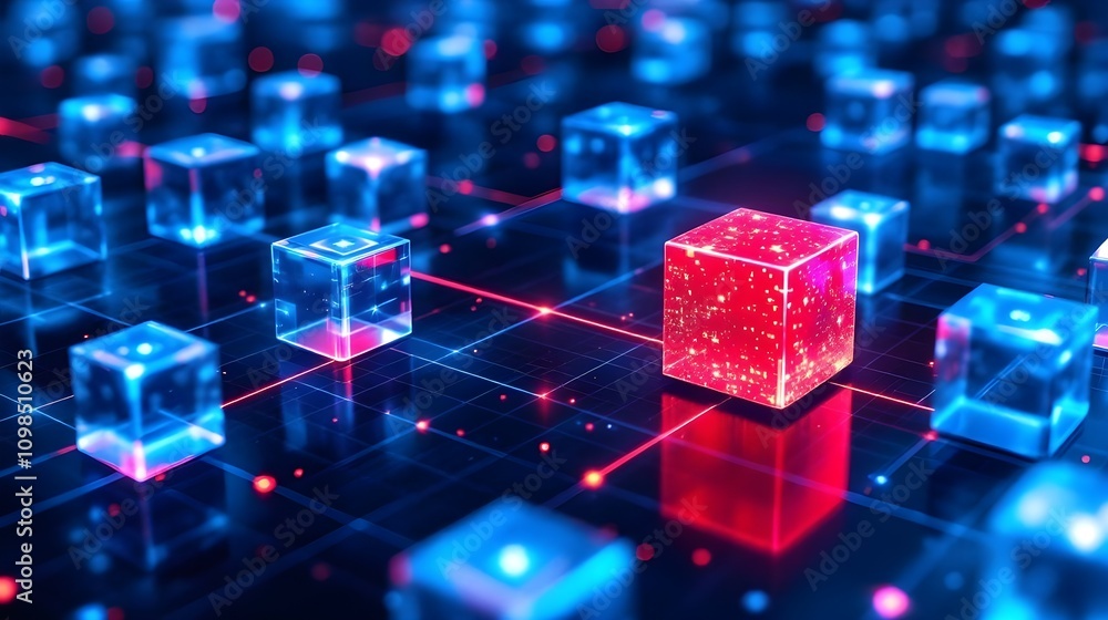 Poster futuristic blockchain network with glowing cubes