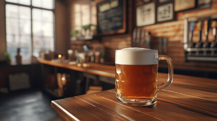 Focus on a frothy mug of beer placed on a wooden bar counter, capturing the lively vibe. 