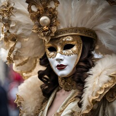 Venetian carnival. People with white mask, wears an enchanting eye mask. Traditional festival of Italy Europe background