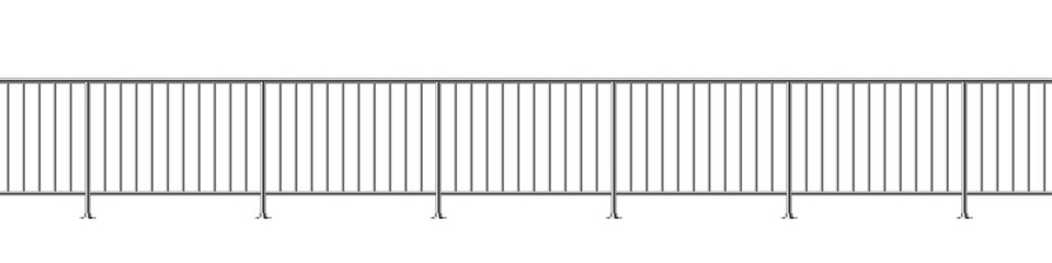 Metal fence with rails isolated on transparent background. Steel balcony with balustrades. Vector realistic 3D illustration of iron barrier, stairs balustrade for interior design.