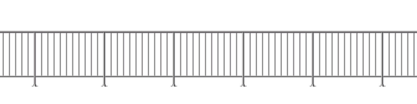 Metal fence with rails isolated on transparent background. Steel balcony with balustrades. Vector realistic 3D illustration of iron barrier, stairs balustrade for interior design.