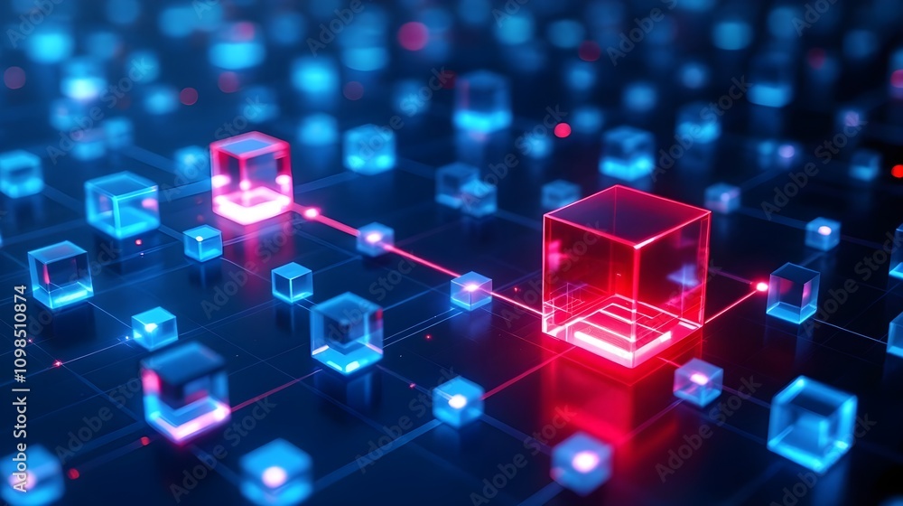 Poster futuristic blockchain network with glowing cubes