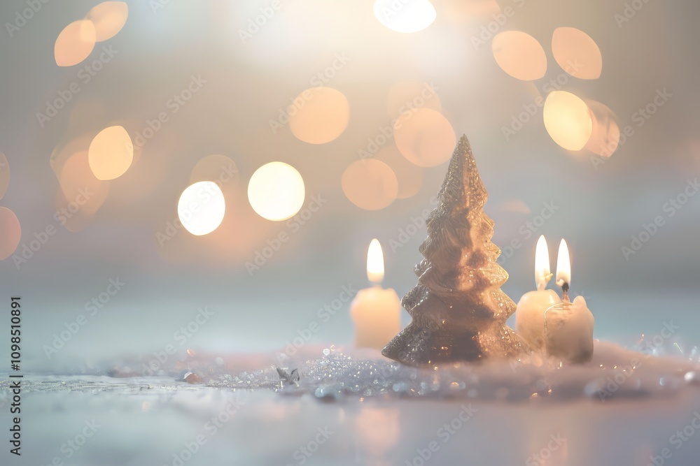 Poster a small tree with candles on it. the candles are lit and are on the ground. the tree is on a table