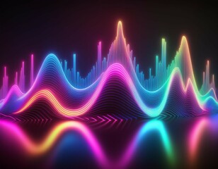 Fototapeta premium 3d rendering of a multicolored neon wavy lines glowing in the dark and blurry reflection synthwave style sound equalizer abstract retro futuristic background