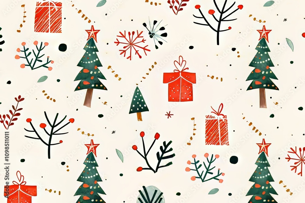 Poster a christmas tree pattern with a star and a box. the box is red and the tree is green