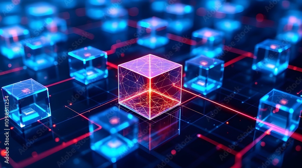 Poster futuristic blockchain network with glowing cubes