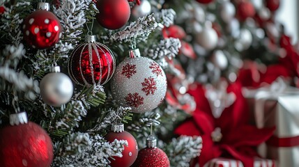 Obraz premium Red and silver ornaments adorn a Christmas tree.