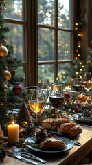 Fototapeta premium A cozy cafe interior adorned with festive decorations, featuring a beautifully decorated Christmas tree, twinkling fairy lights, and holiday-themed table settings, perfect for a wallpaper