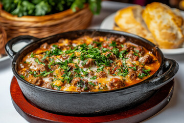 Fototapeta premium A Close-Up Of A Steaming Bowl Of Guly??s, A Quintessential Budapest Food, Topped With Fresh Parsley And Served Alongside Bread, Emphasizing Its Rich Flavors And Ingredients