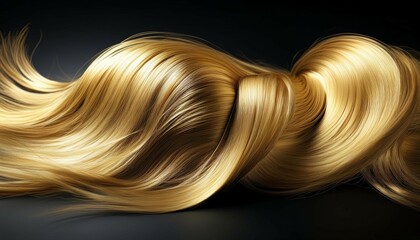 3d render wavy gold hair strand isolated on black background close up of rich beautiful healthy blond hair curl chignon or wig hair extension with smooth texture and vibrant shine