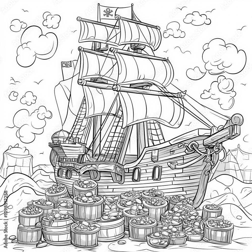 Poster A pirate treasure hunt on a ship, coloring page for kids, simple outline illustration. Coloring book, simple lines.