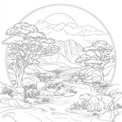 Fototapeta premium A safari with wild animals and trees, coloring page for kids, simple outline illustration. Coloring book, simple lines.