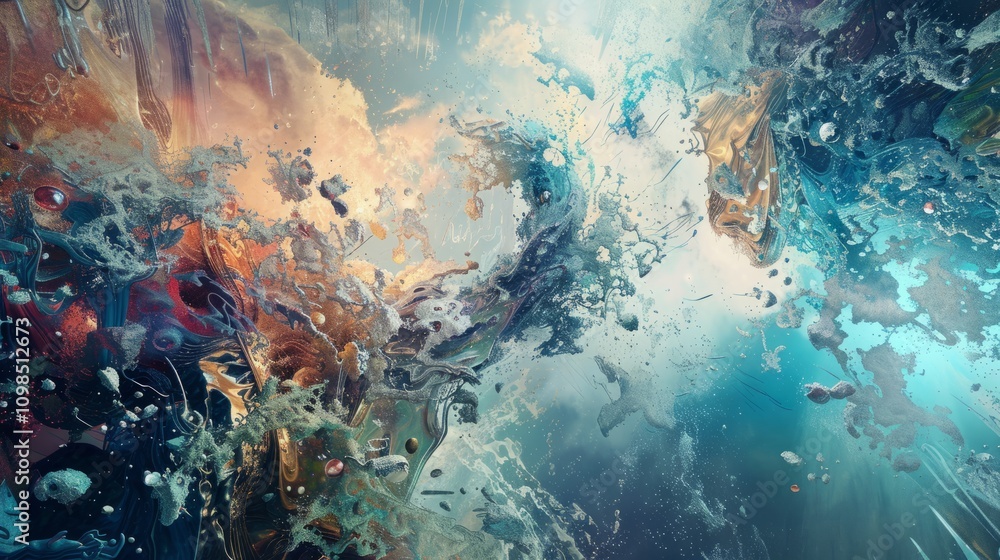 Poster surreal conceptual background with fragmented textures and dreamlike elements, blurring the boundari
