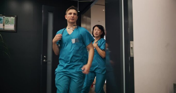 Healthcare, nurses and running to help, hospital and collaboration to save lives, emergency and team. Clinic, intensive care and rushing of medical professional, health or wellness of people in Japan