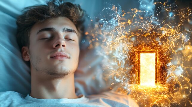 The man lay in his bedroom, his eyes closed as energy pulsed around him. Suddenly, a door portal appeared in front of him, leading to another world filled with possibilities and unknown adventures