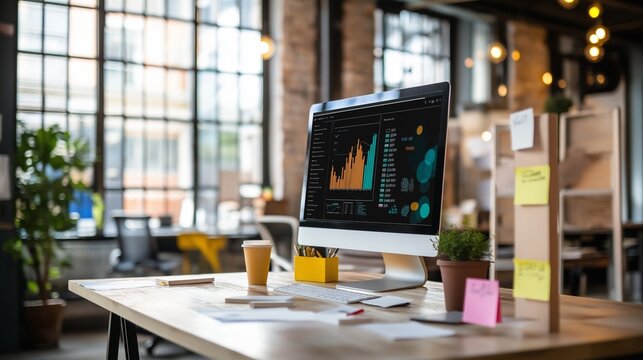 modern office space with a large monitor showing business analytics, surrounded by sticky notes and coffee cups