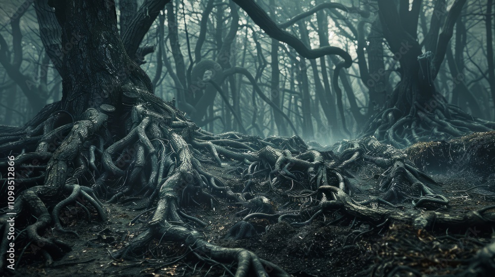 Poster surrealistic forest texture background with twisted tree roots and surreal woodland creatures, addin