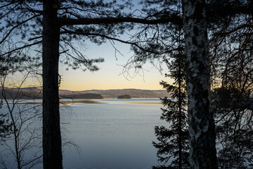 View towards the small island Steinsholmen in Lake Mjøsa, where the ancient ruins of...