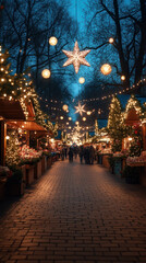Fototapeta premium charming street in Paris during Christmas time, with twinkling lights, decorated trees, and festive market stalls, creating a cozy smartphone wallpaper.