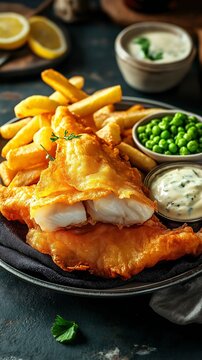 plate of crispy fish and chips, with the fish and served with tartar sauce and mushy peas