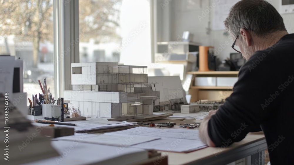 Poster architect working on a model and plans in a studio.