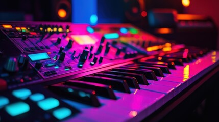 Synthesizer with colorful lights in an electronic music studio