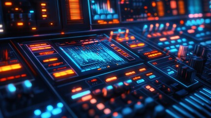 Obraz premium Synthesizer with floating virtual screens, digital interface, vibrant colors, futuristic, sharp details