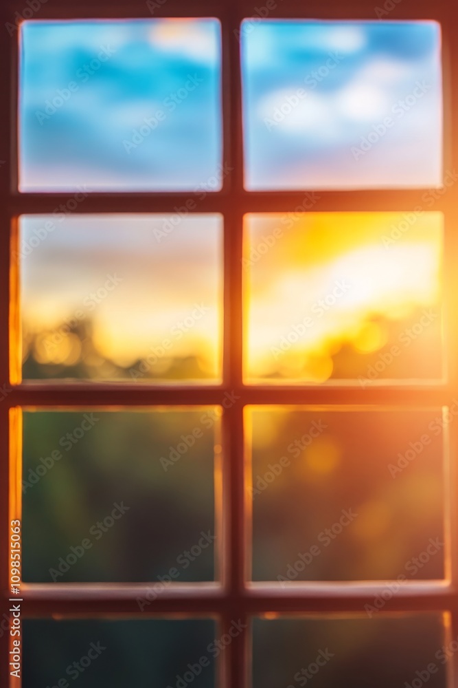 Poster soft focus view of a vibrant sunset through window panes, creating a warm and inviting atmosphere wi
