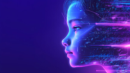 Obraz premium A child in cyberspace with purple and blue neon lights. Futurism. Illustration