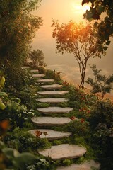 Obraz premium Tranquil stone path meandering through a lush garden, illuminated by warm sunset hues, surrounded by vibrant greenery and flowers.