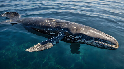 Fototapeta premium A gray whale floating calmly on the surface of the water, its mottled, textured skin marked with barnacles and scars from a life in the ocean. Ai