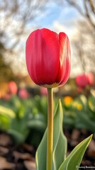Naklejka premium Single Red Tulip Flower Blooming in Springtime